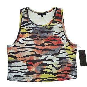 Ed Hardy Tiger Print Crop Tank Top Women's Size L Graphic Neon Spray Paint